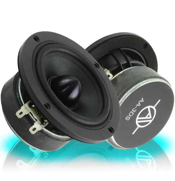 Ampere Audio AA-3Ds 3-inch Dash Speakers - Compact midrange speakers with a sleek black design, featuring a durable cone and rubber surround for enhanced audio performance. Ideal for car audio enthusiasts.