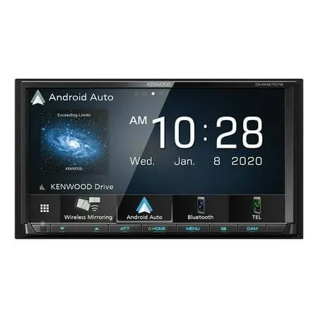 Kenwood DMX9707S Navigation & Media Receiver - Double-DIN, 6.95-inch Capacitive Touchscreen, Android Auto, Bluetooth - Black bezel with modern interface.