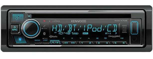 Kenwood KDC-X705 head unit - Single-DIN, Bluetooth, HD Radio, SiriusXM, CD slot, USB/AUX ports - Black bezel with blue display and mechanical buttons.